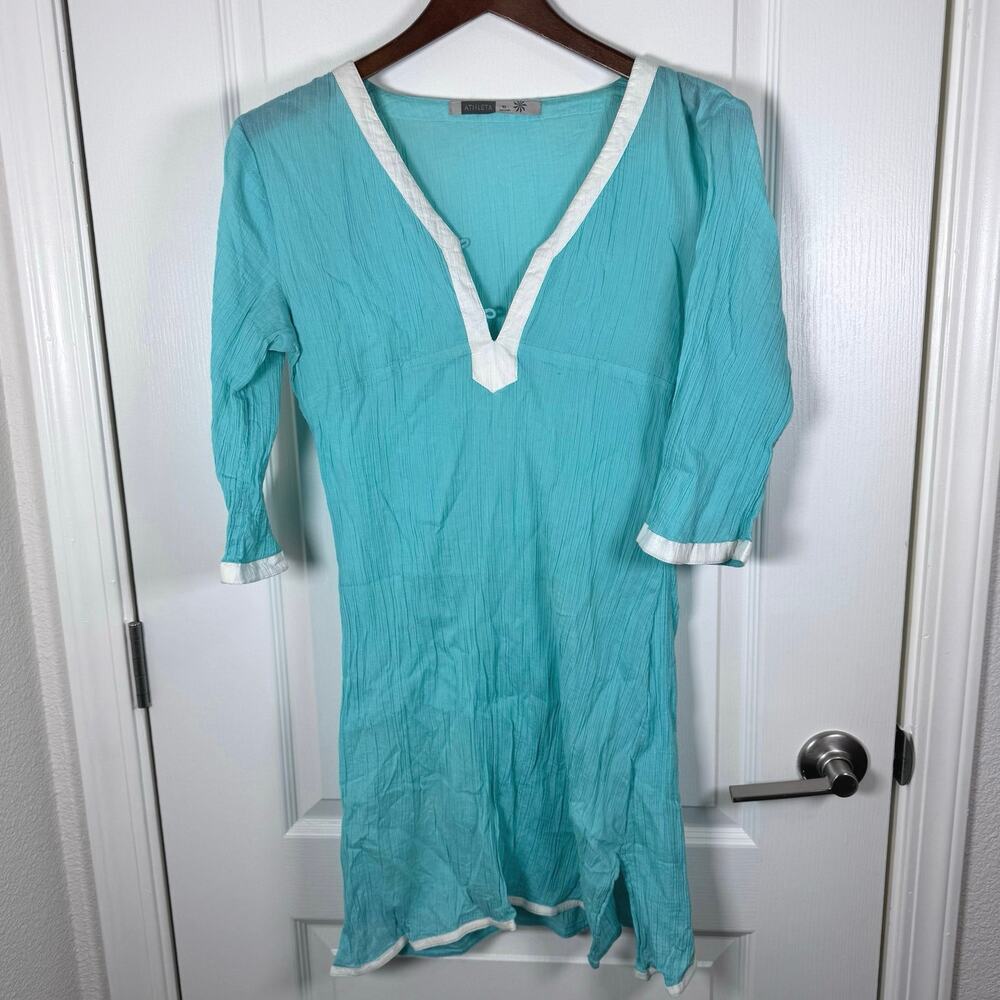Athleta Swimsuit Cover-up Beach Gauzy Aqua Blue White Women’s XS Dress Coastal